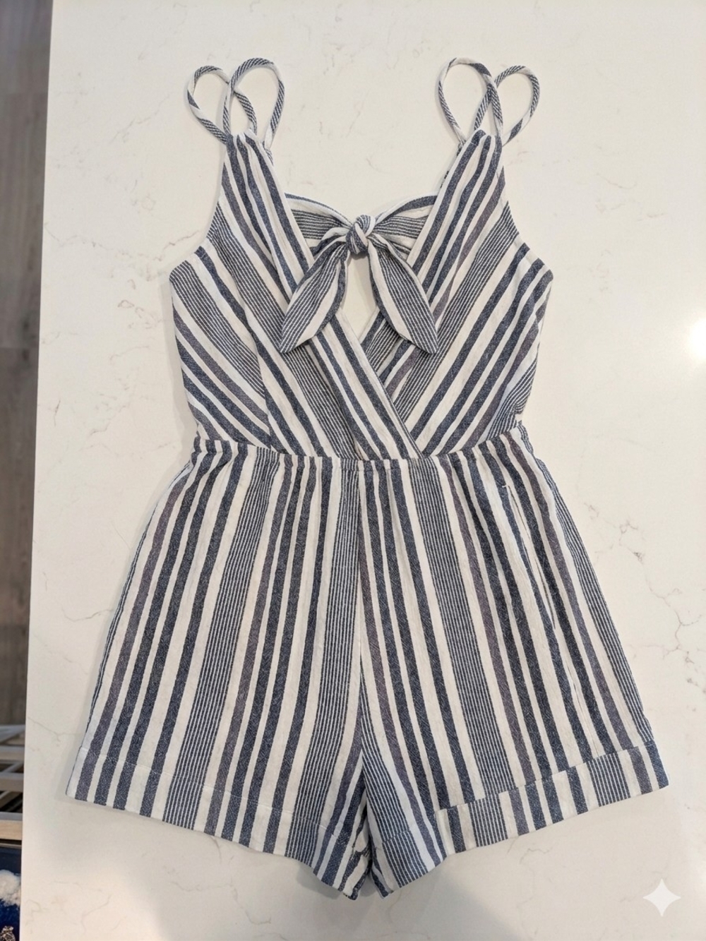 Striped Gray and White Women's Romper with Tie Back